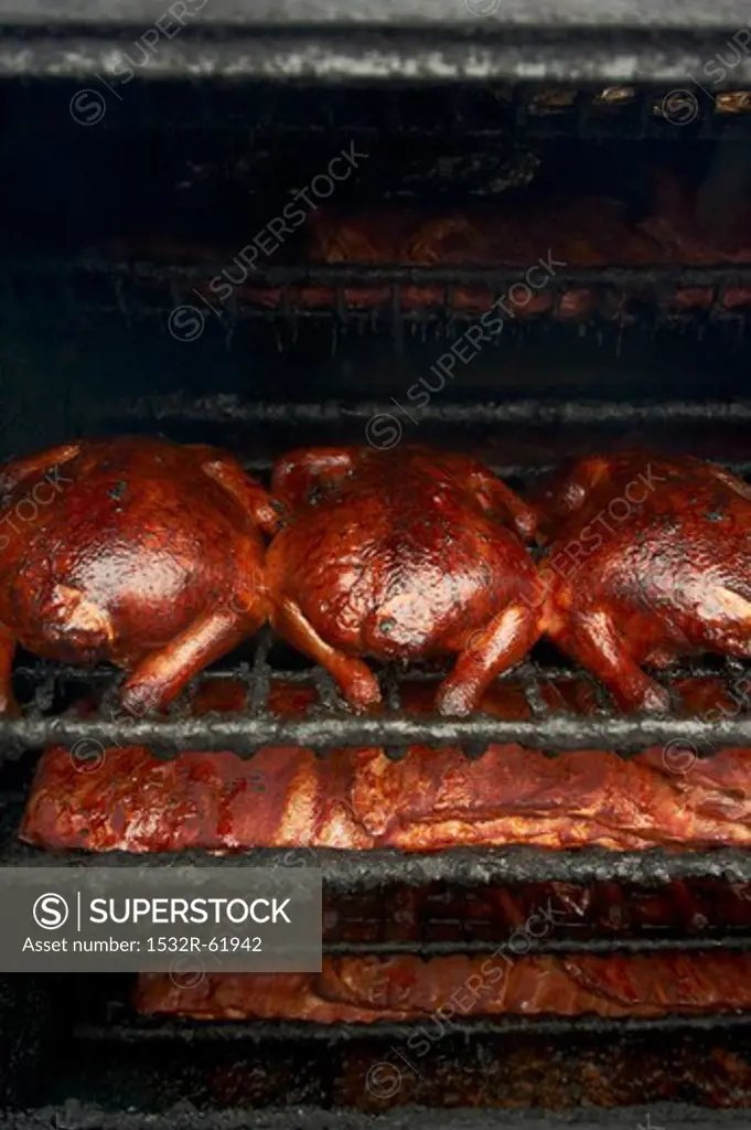 Whole Barbecue Chickens and Barbecue Ribs in a Smoker