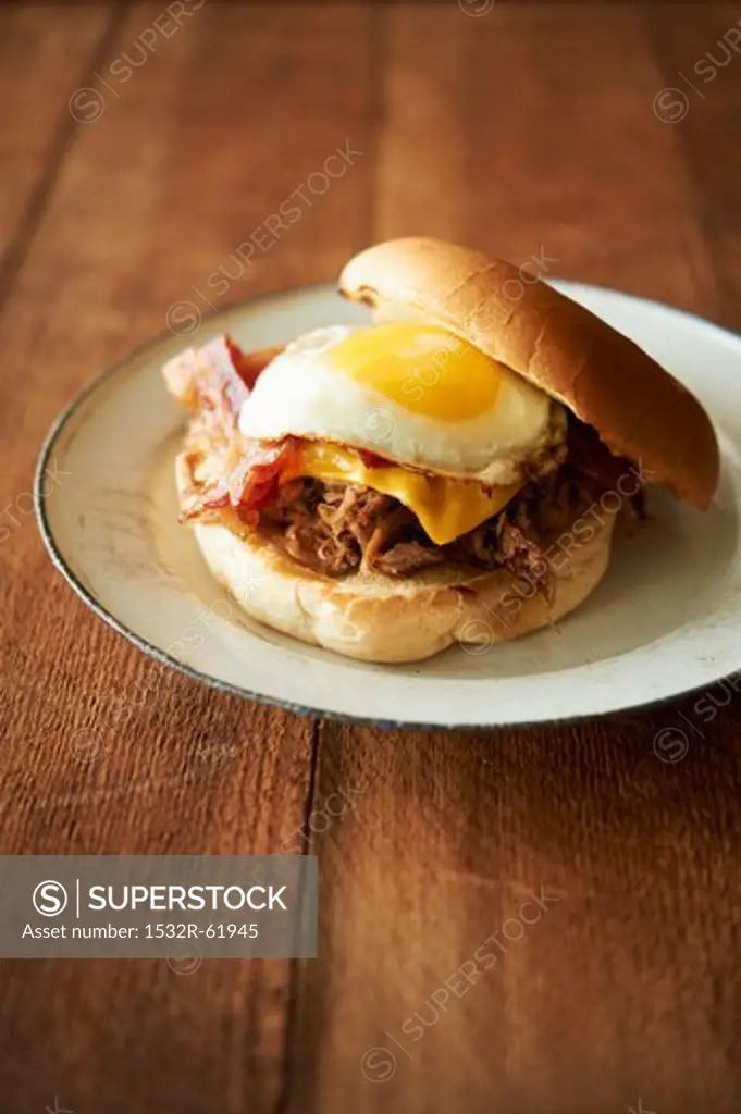 Barbecue Pulled Pork Sandwich with Bacon, American Cheese and a Fried Egg