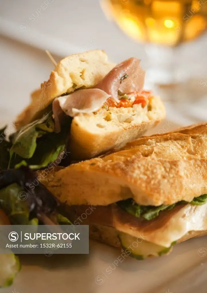 Prosciutto, Red Pepper and Cucumber Sandwich on a Baguette