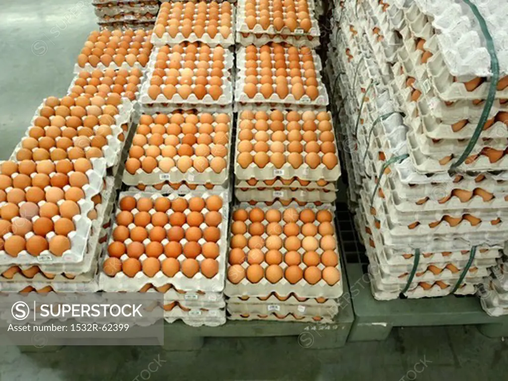 Brown eggs in egg trays in a supermarket