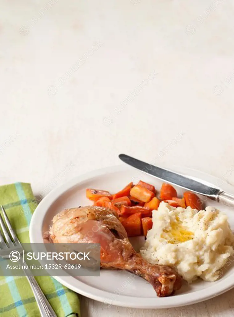 Roast Chicken Leg with Roast Carrots and Mashed Potatoes with Butter