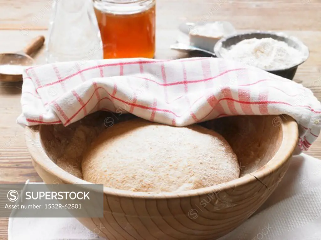 Khorasan wheat dough in a wooden bowl covered with a tea towel