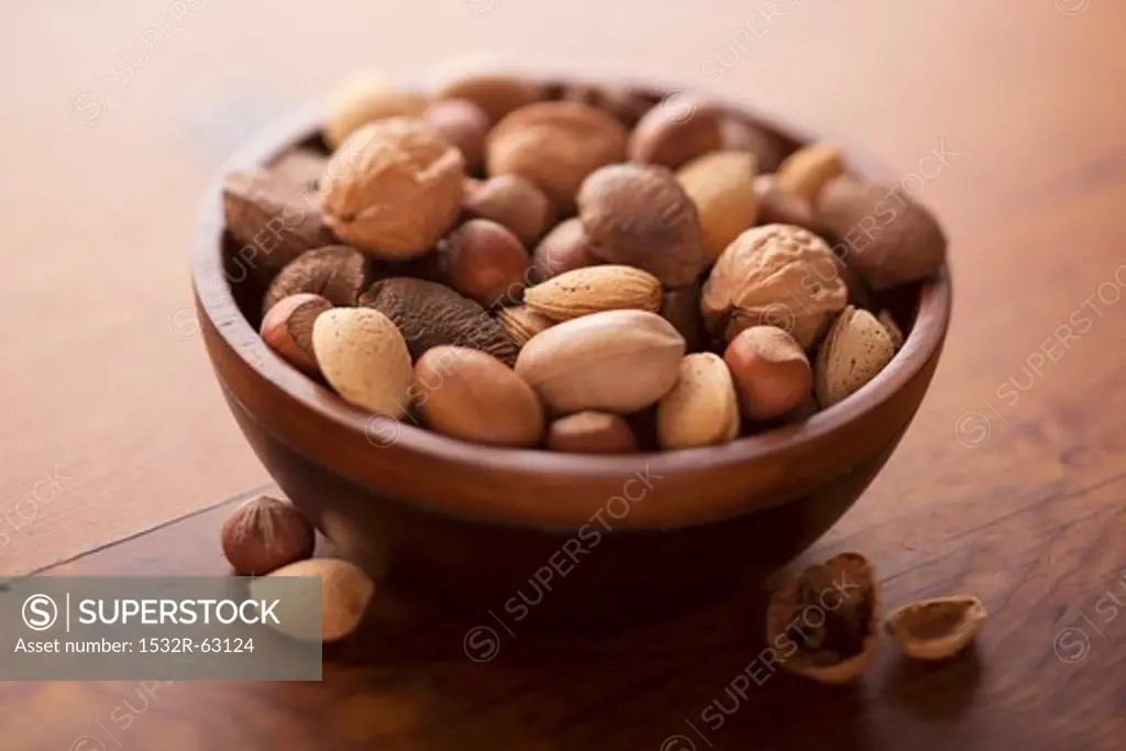 Wooden Bowl of Mixed Nuts