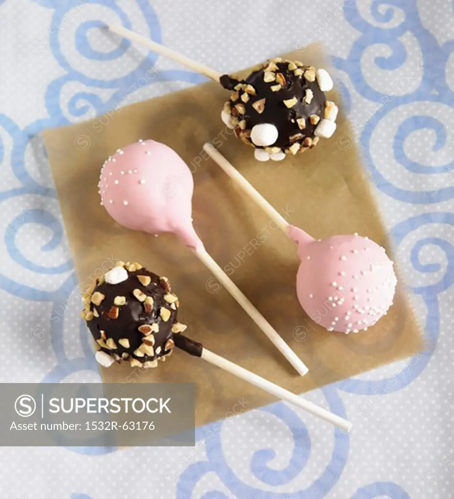 Cake Pops; Vanilla Cake with Pink Icing and Sprinkles; Chocolate Cake with Rocky Road Topping