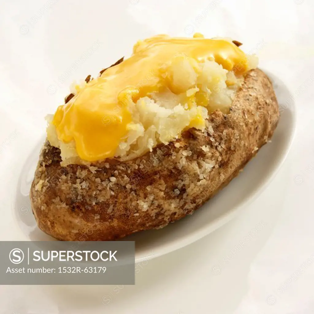 Baked Potato with Salt and Melted Cheese; On a White Plate on a White Background
