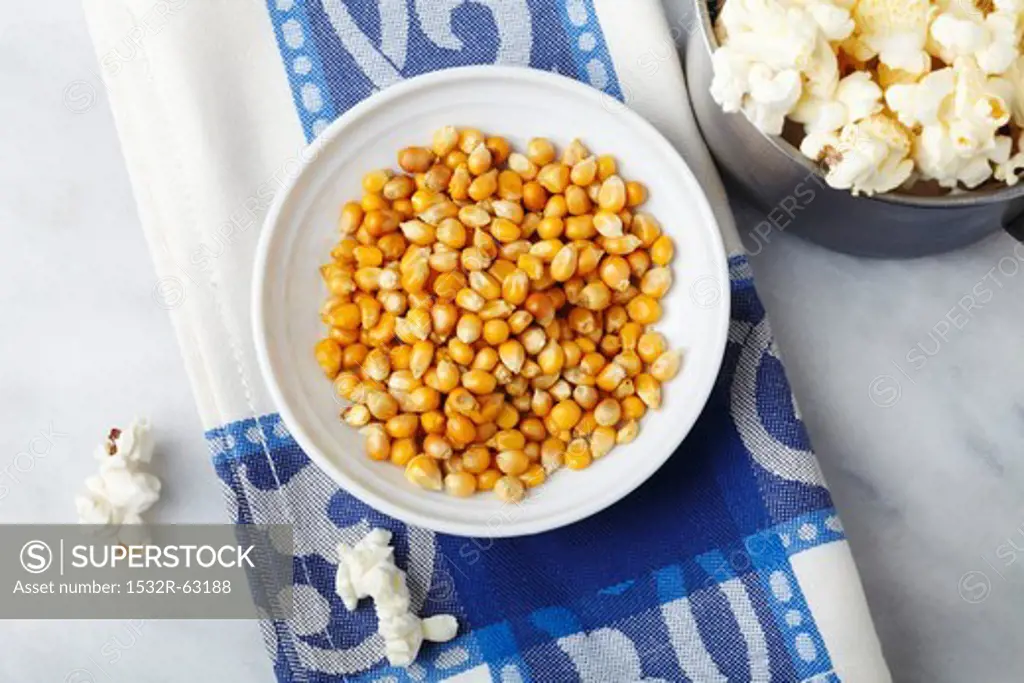 Corn kernels and popcorn