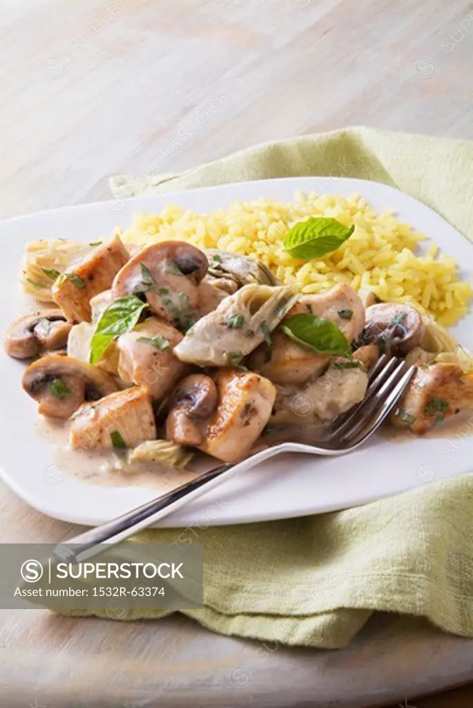 Basil Chicken in a Creamy Sauce with Artichoke Hearts and Mushrooms; Rice