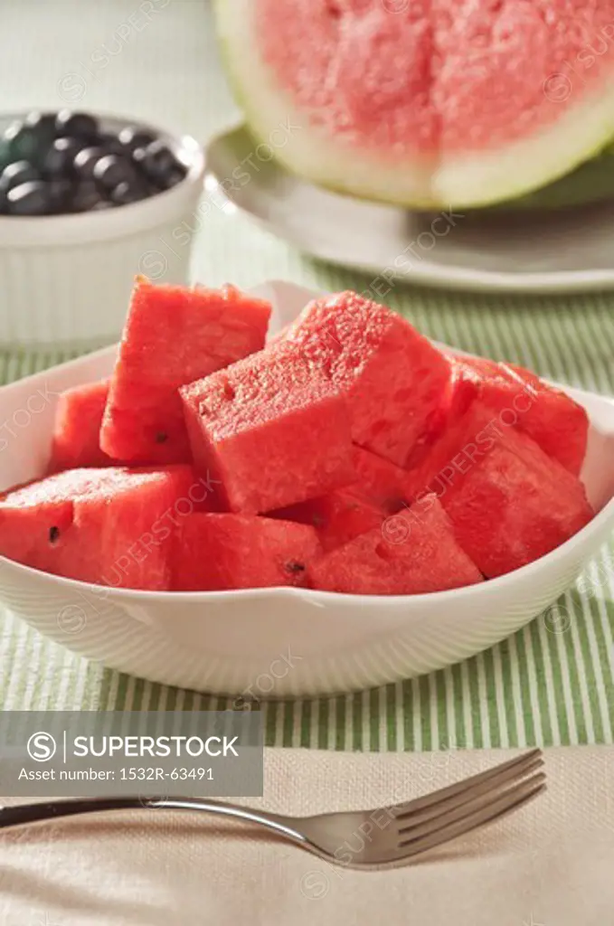 Chunks of Ripe Watermelon in a Bowl; Blueberries and Watermelon