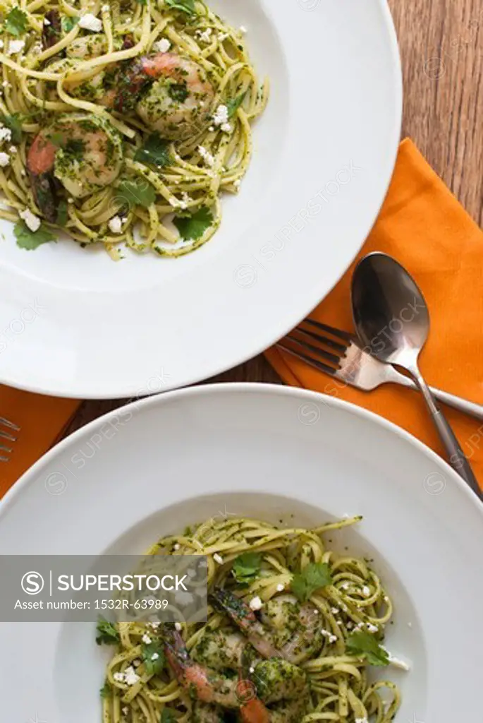 Two Bowls of Linguine with Shrimp and Pesto; From Above