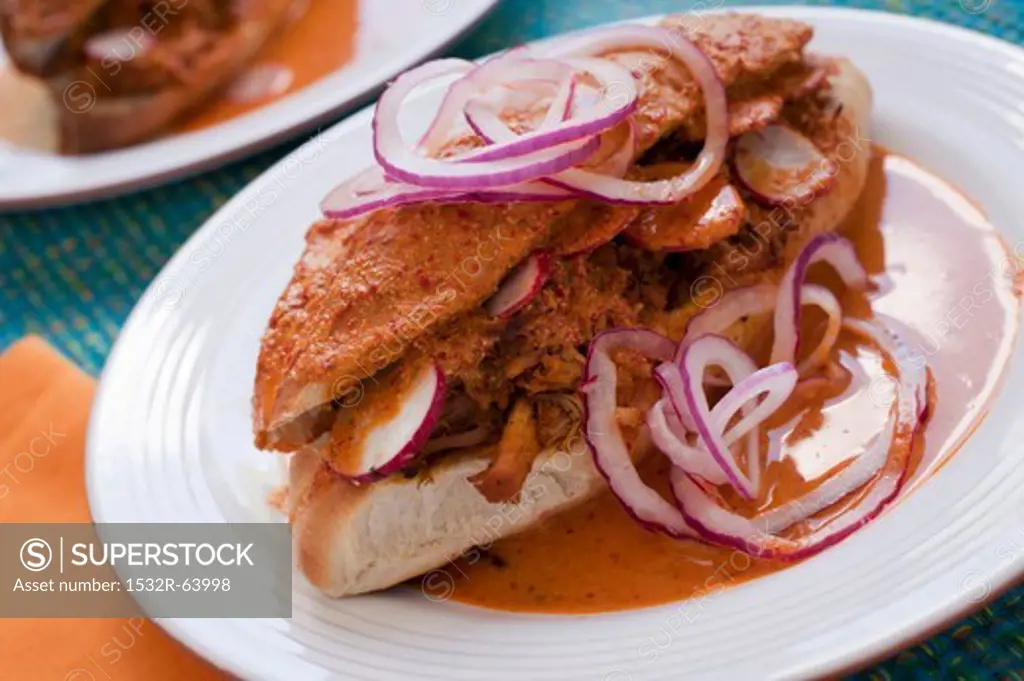 Torta Ahogada; Mexican Pork Sandwich with Radishes and Onions