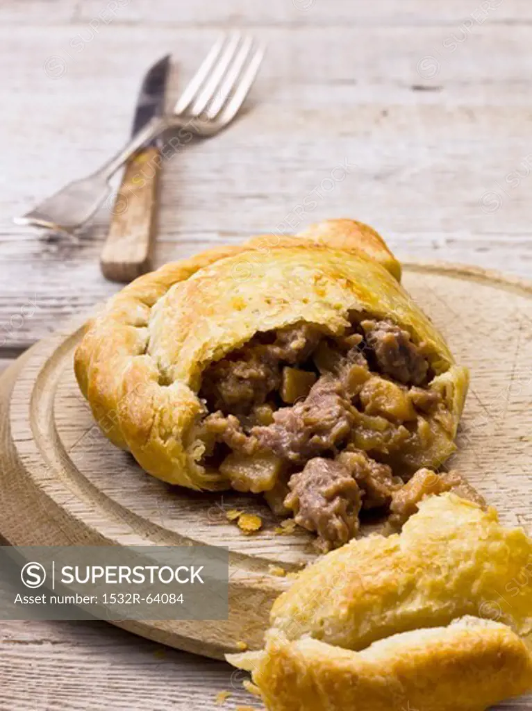 Beef and Stilton pasty, sliced open (England)