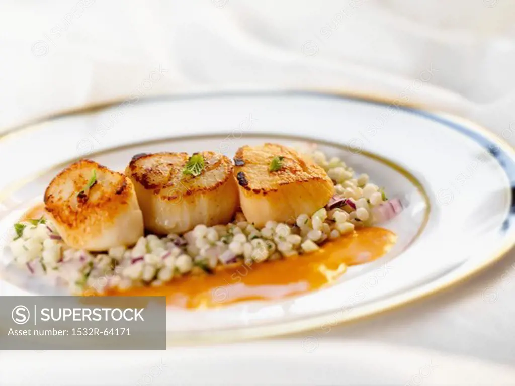 Three Seared Scallops on a Bed of Israeli Couscous on a White Plate