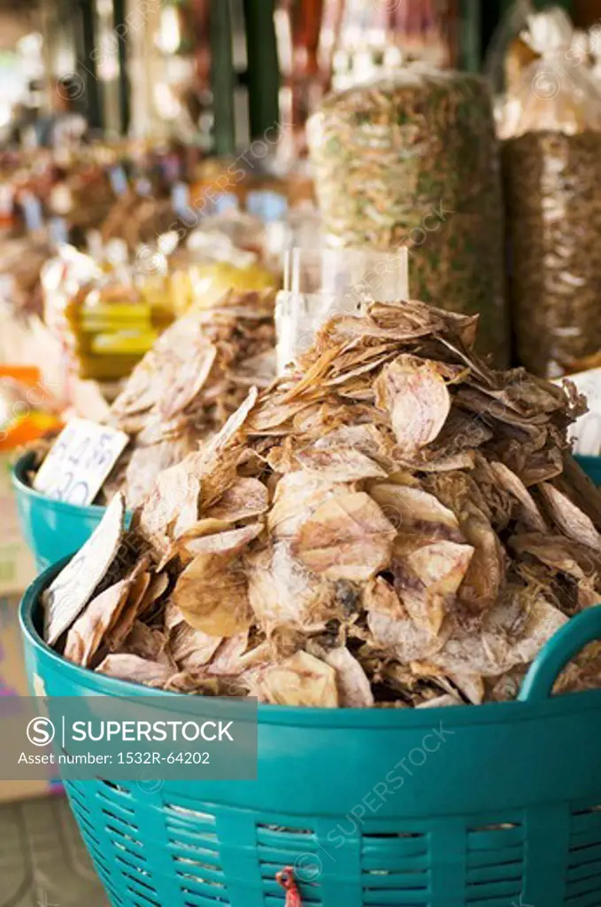 Dried seafood products in a market in Thailand