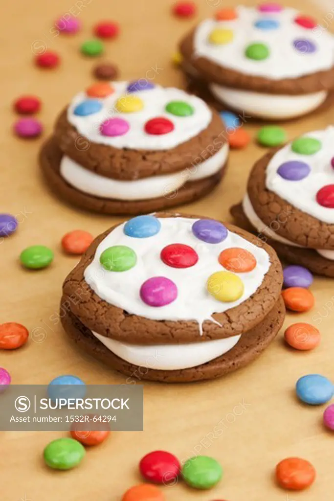 Whoopie pies with colored chocolate buttons