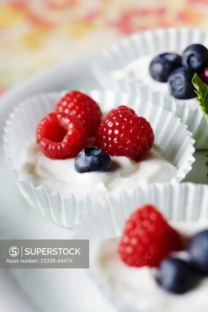 Yogurt with Fresh Berries in Paper Muffin Cups