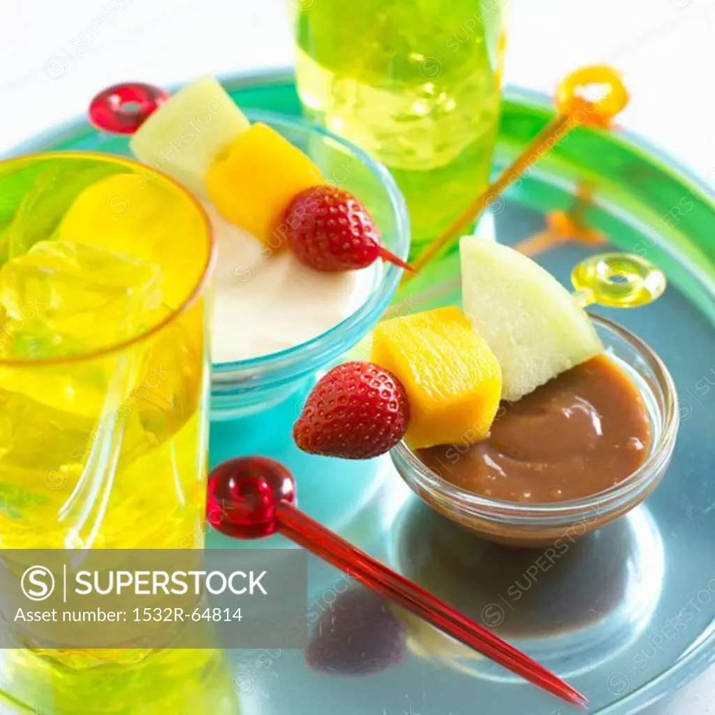 Fruit kebabs with a toffee and vanilla dip