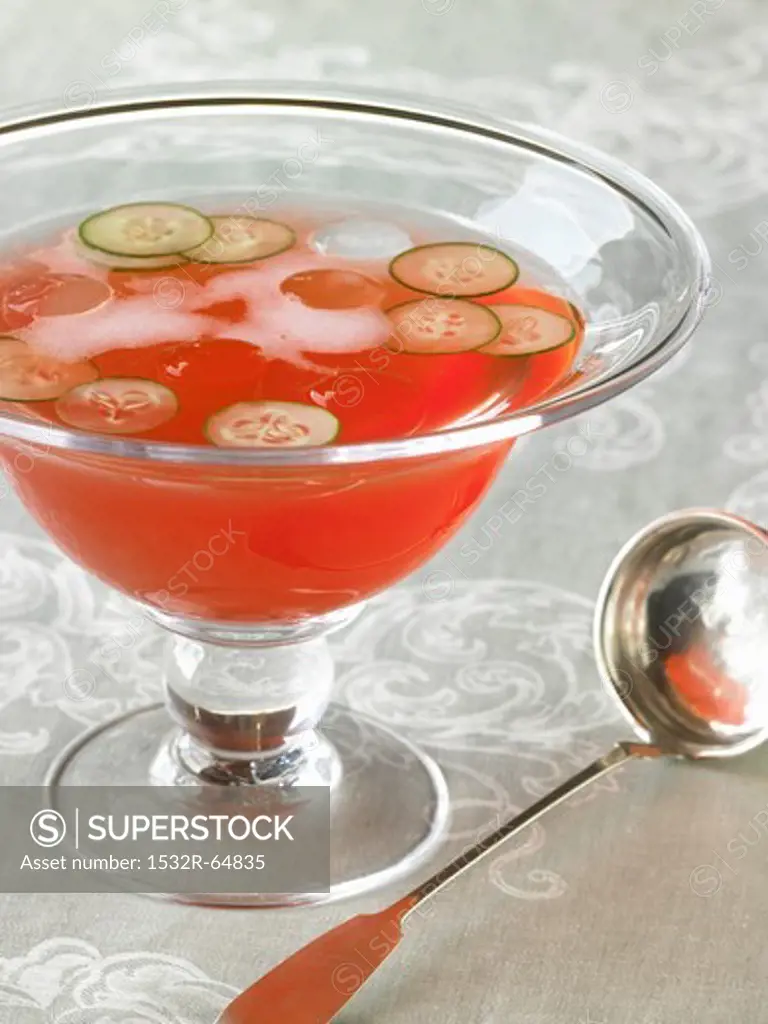 Venetian Punch Royale with Sliced Cucumbers in Punch Bowl