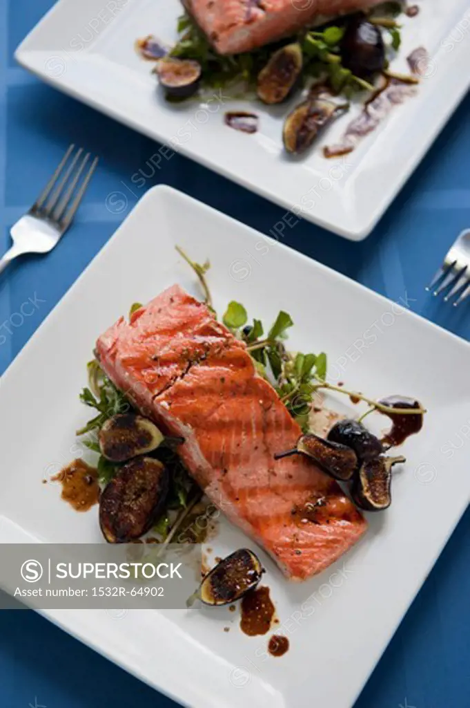 Pan Grilled Salmon with Watercress and Balsamic Vinaigrette Garnished with Grilled Fig Halves
