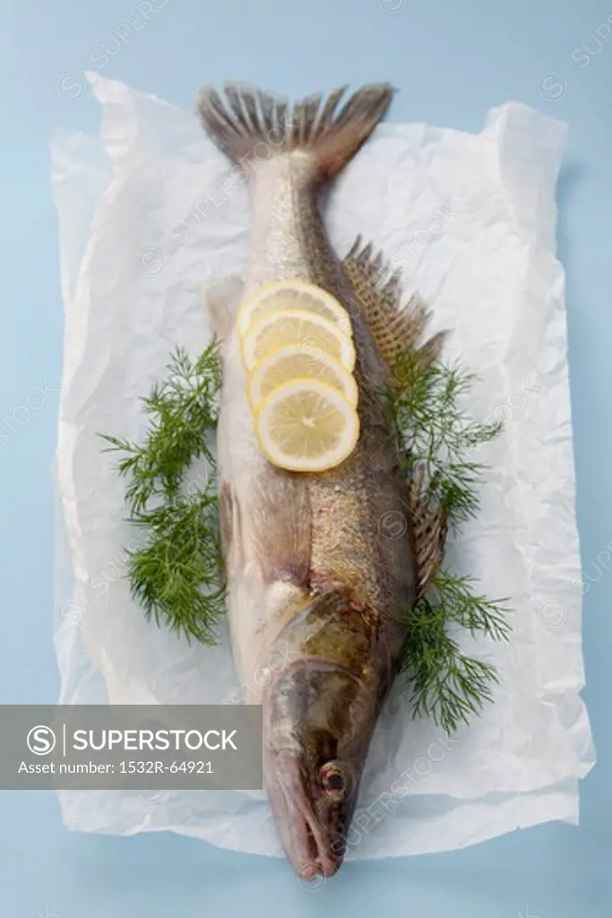 A fish with lemons and dill on parchment paper