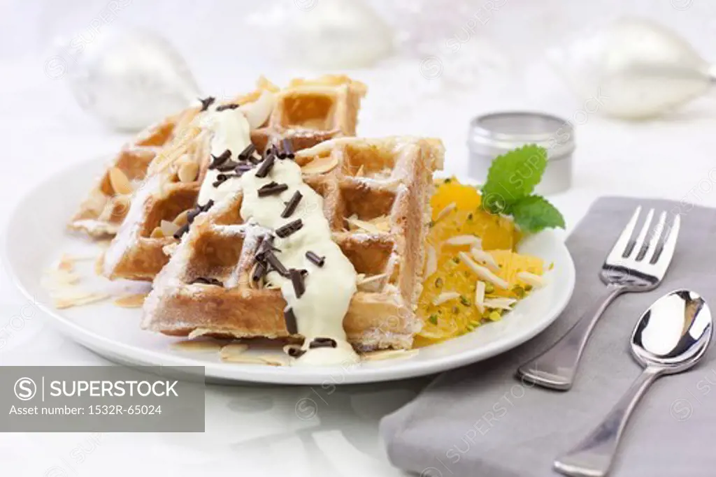 Waffle with oranges and pistachios