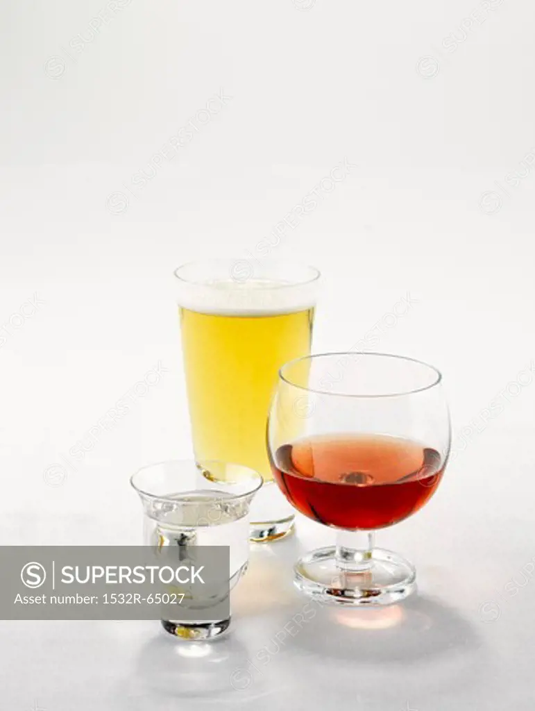 Sake, rose wine and beer in glasses