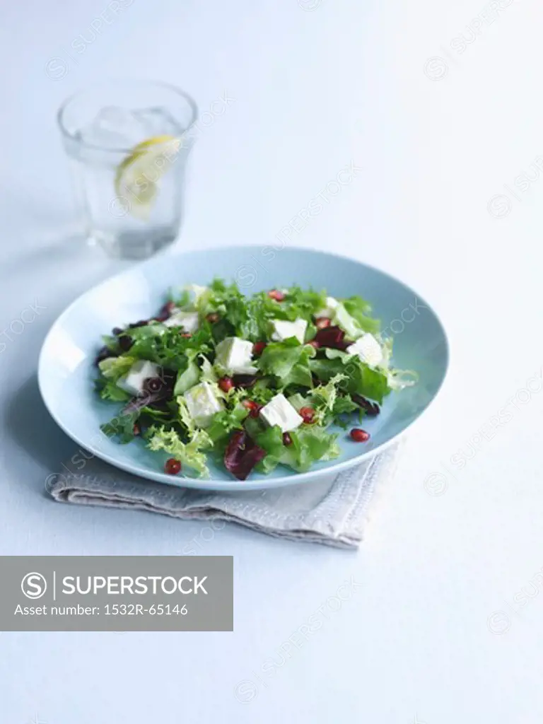 Mixed leaf salad with sheep's cheese and pomegranate seeds