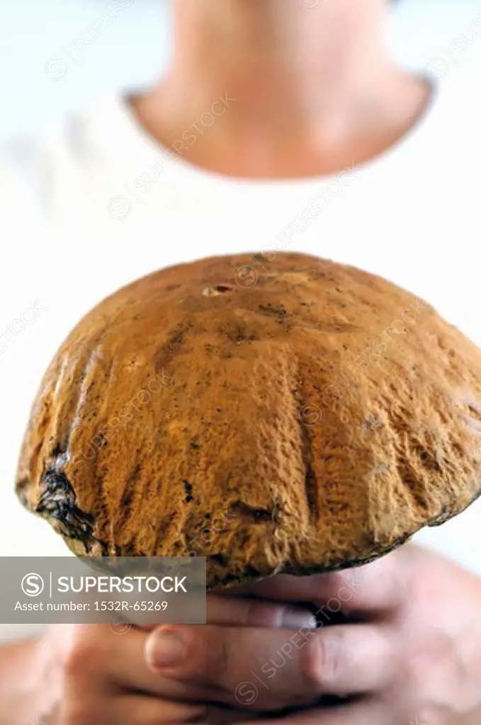 A woman holding a large porcini mushroom