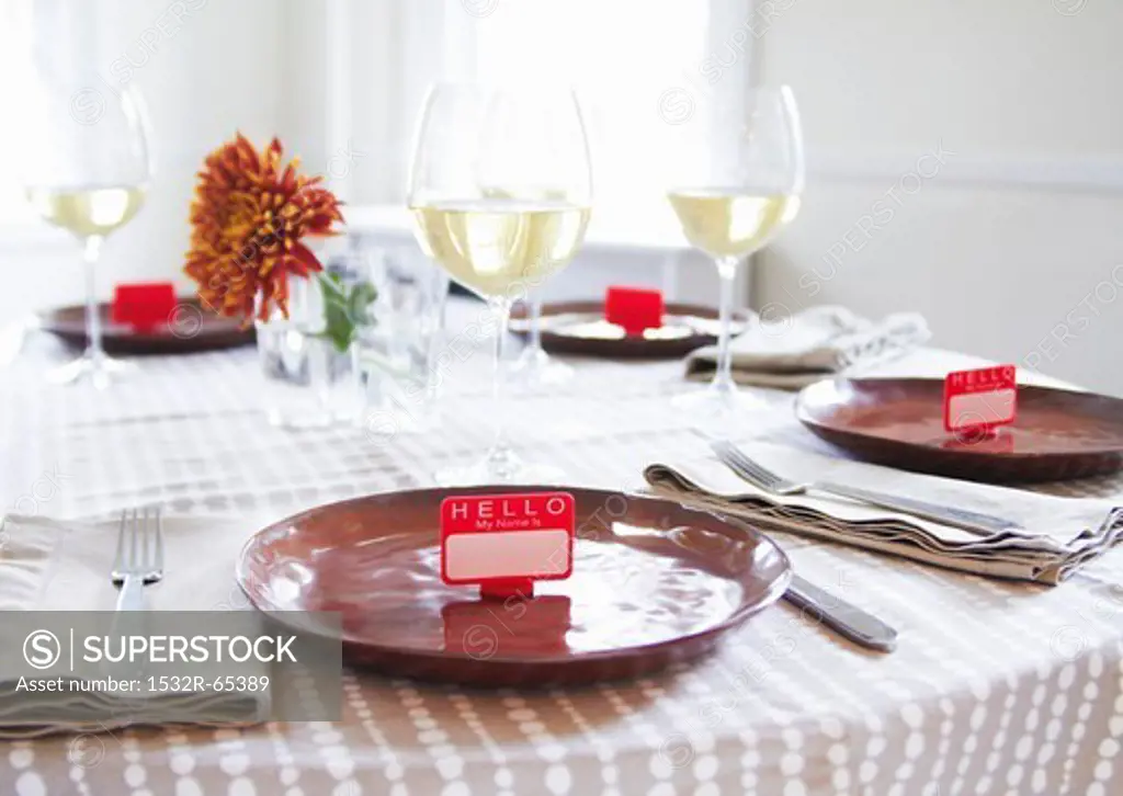 Table Set with Name Tag Place Settings; White Wine