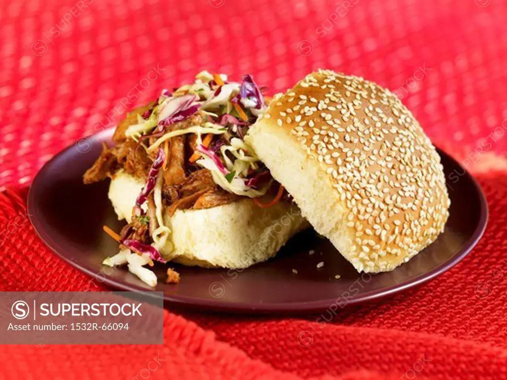 Barbecue Pulled Pork Sandwich with Cole Slaw on Sesame Seed Bun