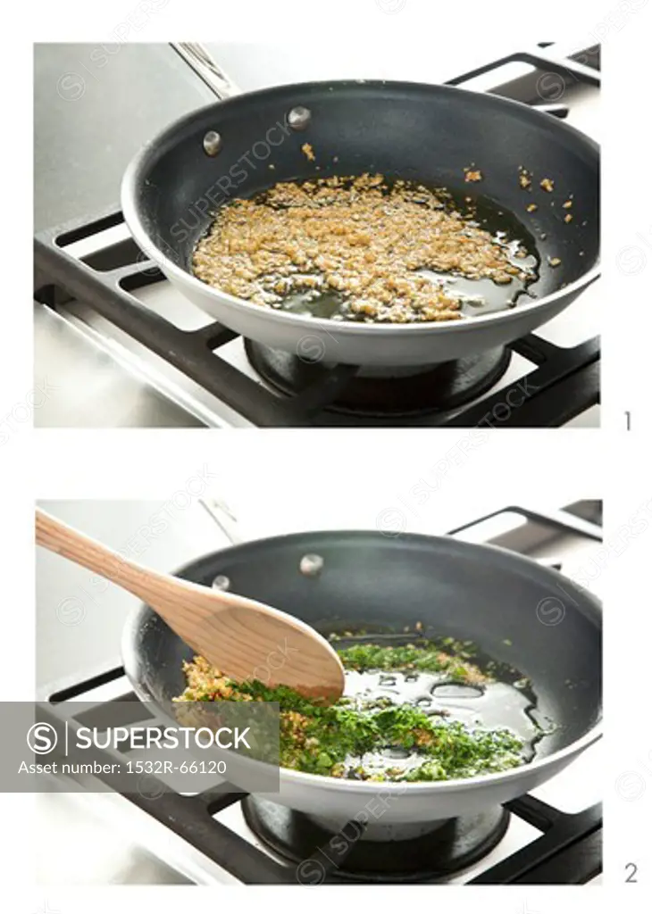 Sauteing Garlic and Herbs in a Skillet