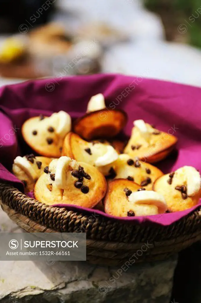 Mini chocolate chip muffins decorated with banana slices