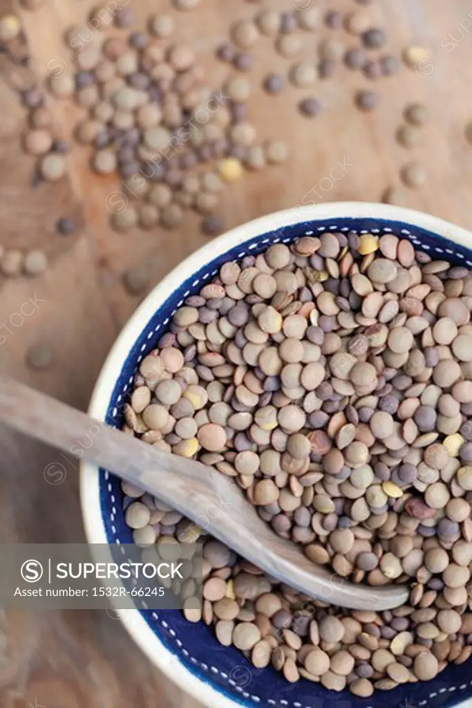 Brown Lentils in a Bowl with a Wooden Spoon