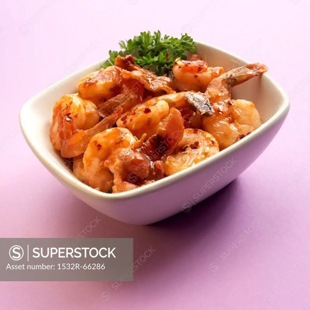 A Bowl of Shrimp in Sherry Sauce with Bacon