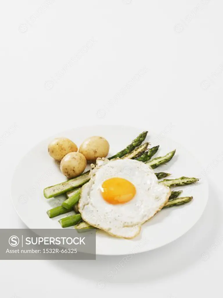 Green asparagus with new potatoes and a fried egg