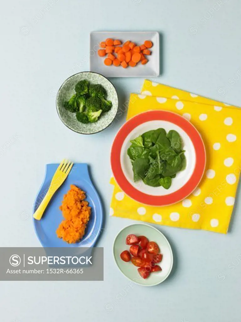 Assorted Vegetables Containing Beta Carotene: Baby Spinach, Broccoli, Grape Tomatoes, Sweet Potatoes and Carrots