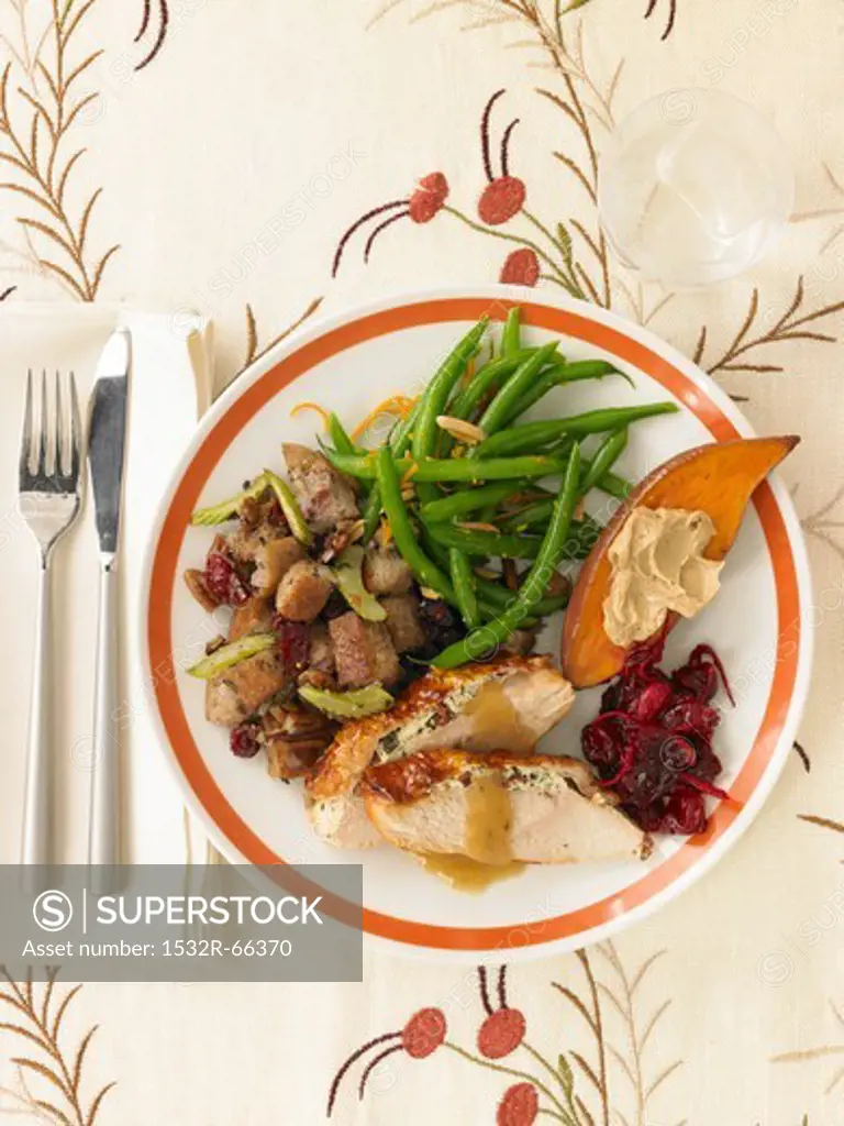 Thanksgiving Plate with Turkey, Pecan Cherry Stuffing, Green Beans, Sweet Potato and Cranberry Sauce