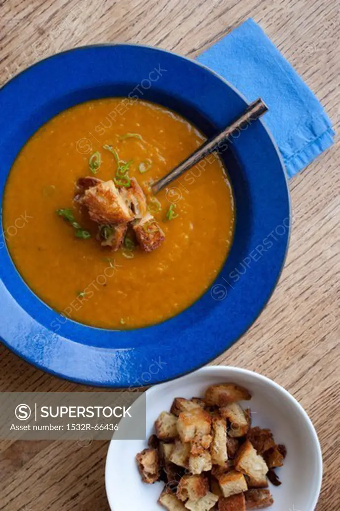 Ginger Curry Butternut Squash Bisque with Homemade Peppered Croutons