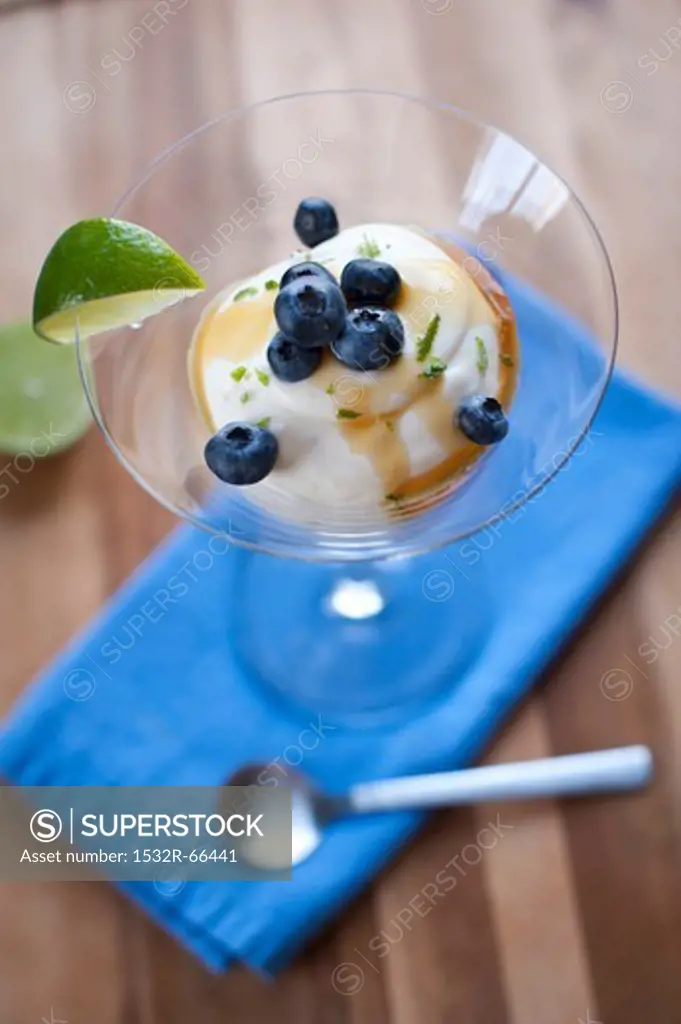 Sweetened Creme Fraiche with Blueberries and Burnt Honey Sauce and Lime Zest in a Martini Glass; From Above