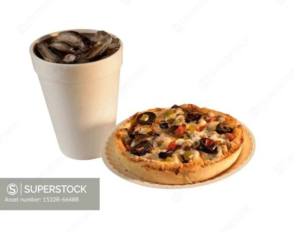Personal Pizza with a Soda in a Styrofoam Cup; White Background<br />