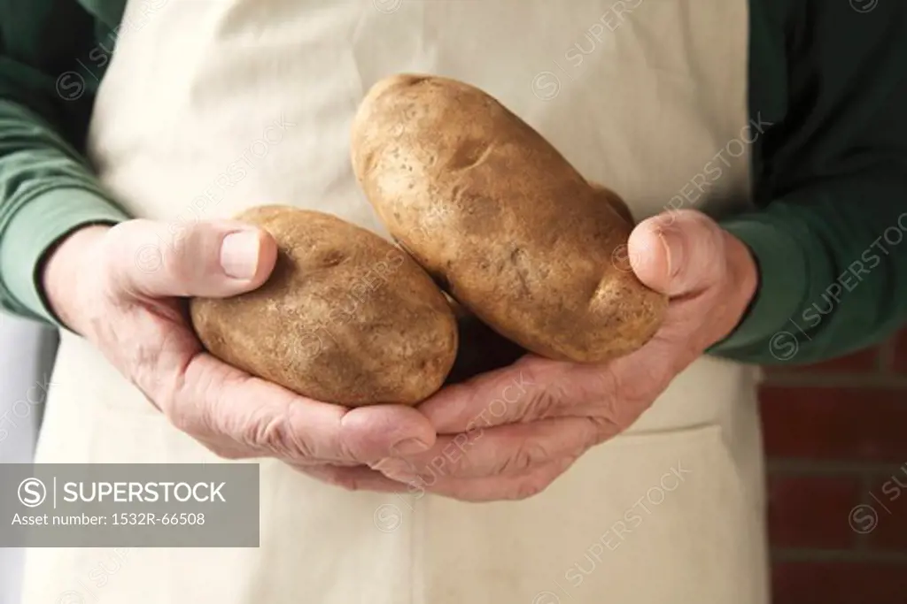 A Man Holding Two Russet Potatoes