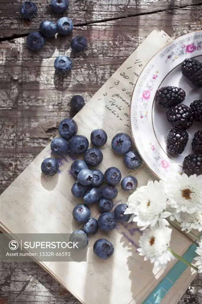 A summery still life of blueberries and blackberries