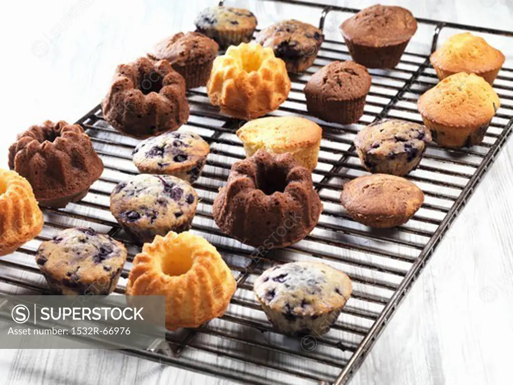 Assorted muffins and small Bundt cakes on a cooling rack