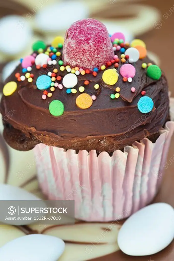 Chocolate cupcake decorated with colorful candies