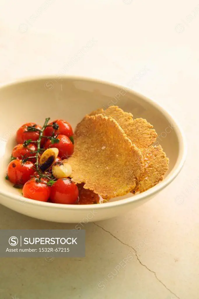 Roasted tomatoes and toasted semolina flat bread