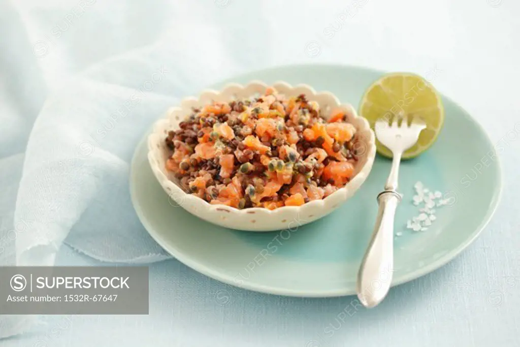 Smoked salmon and lentil tartar with passion fruit