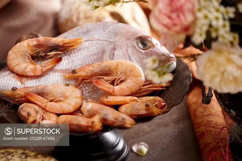 Seafood Still Life with Flower in the Background