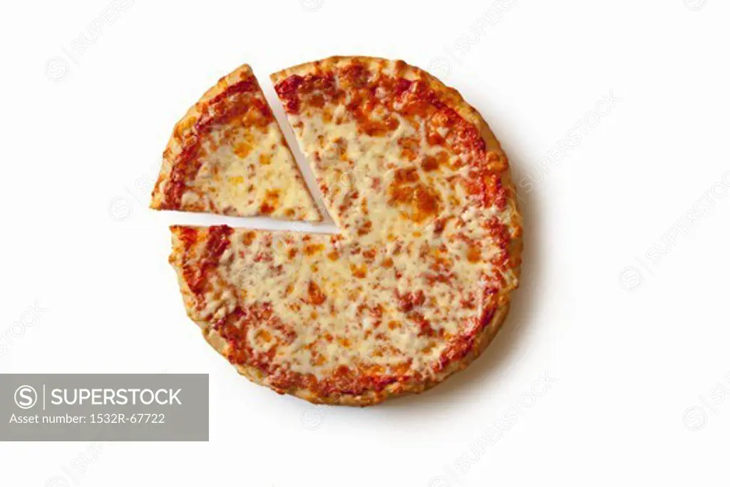 Plain Cheese Pizza with a Slice Removed; On a White Background From Above