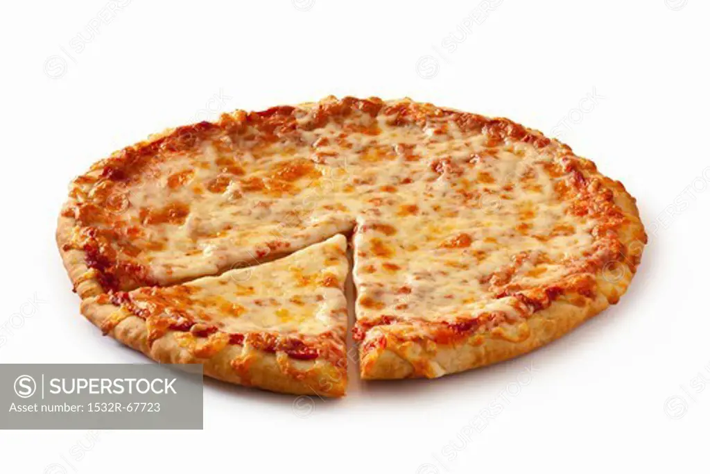 Plain Cheese Pizza Sliced Once on a White Background