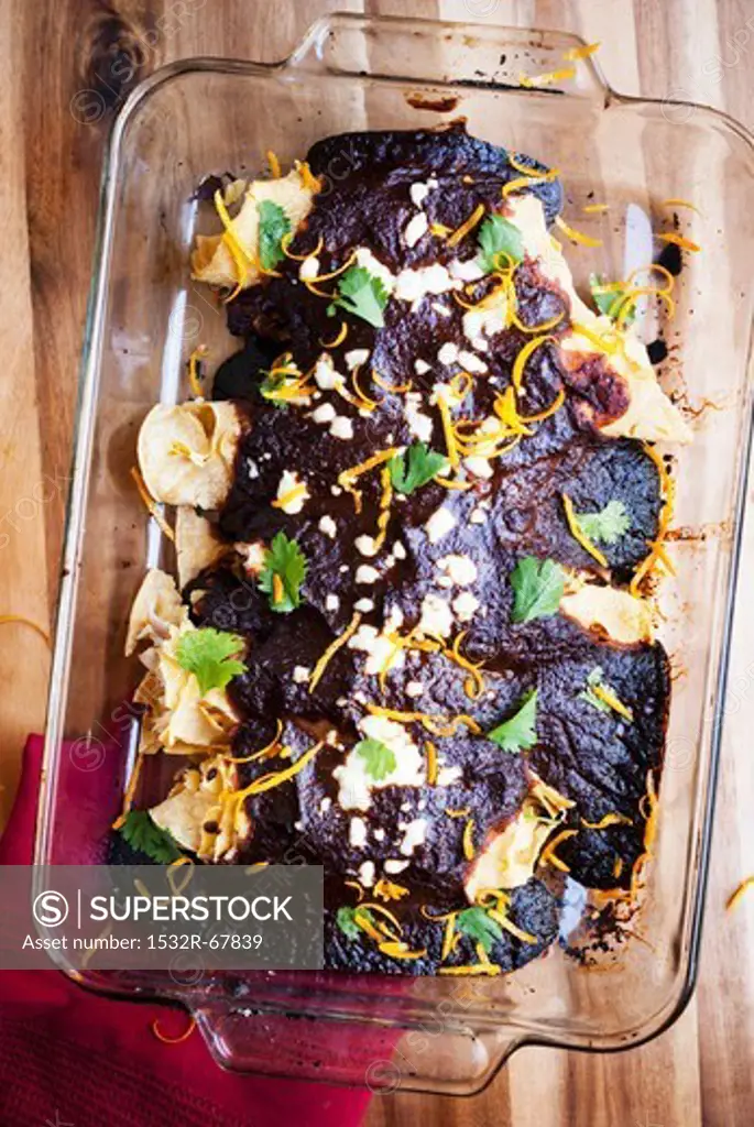 Chicken Mole Enchiladas in a Baking Dish; From Above