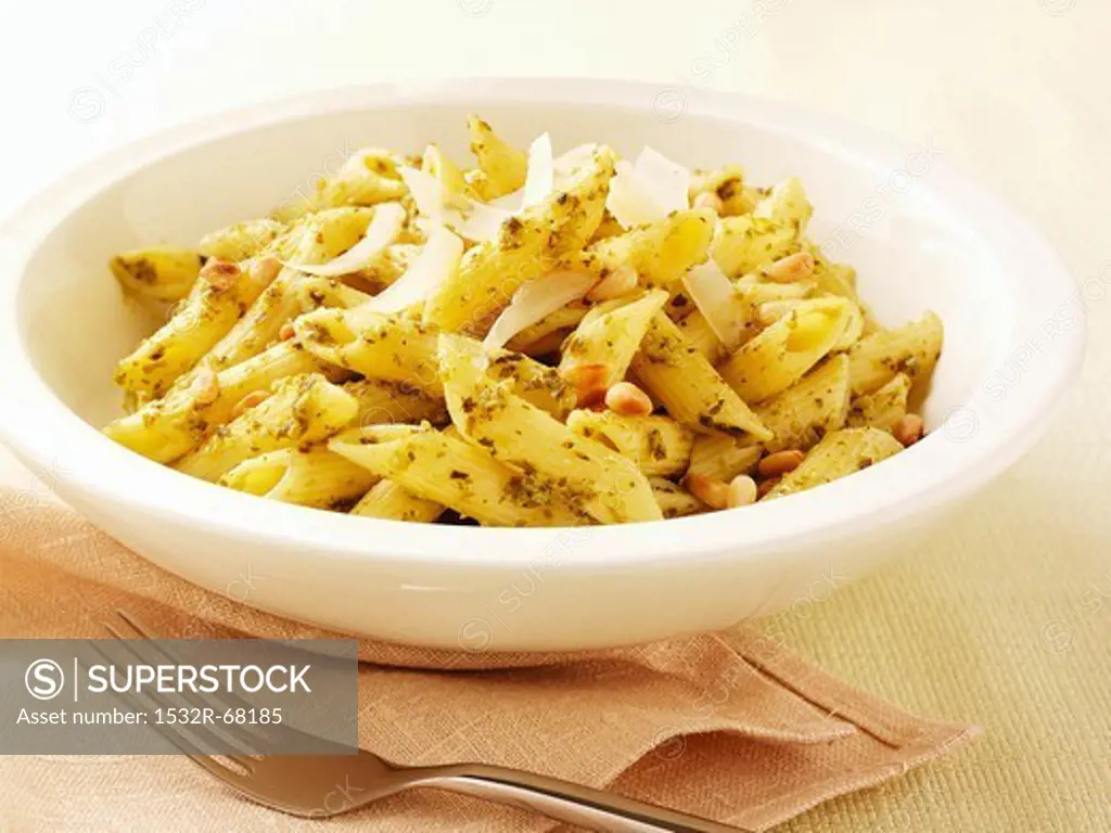 Penne with pesto, pine nuts and parmesan